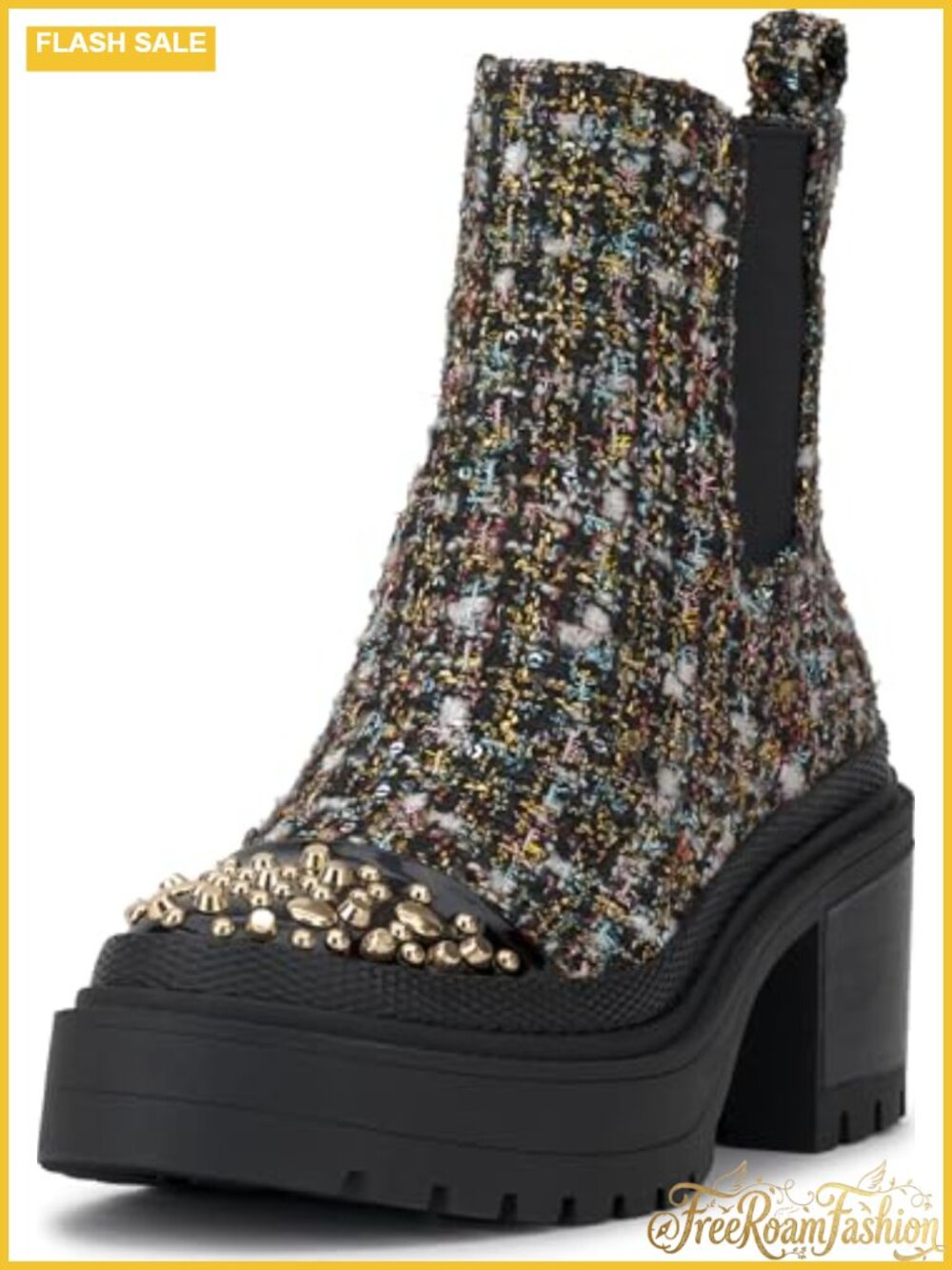 Platform Chelsea Ankle Boots Embellished Toe Tweed Block Heel
